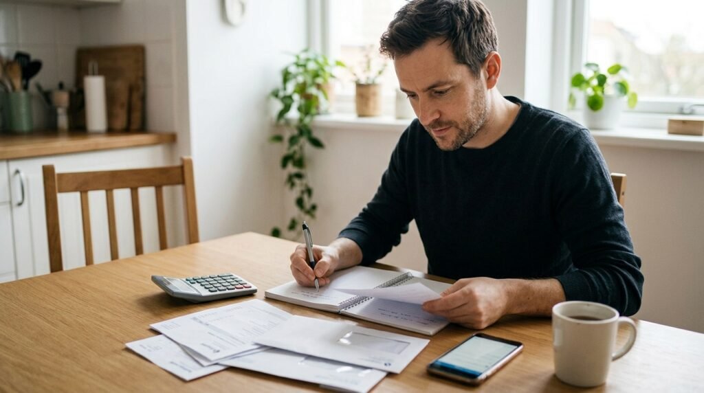 Pessoa organizando suas finanças em casa com caderno, calculadora e celular.