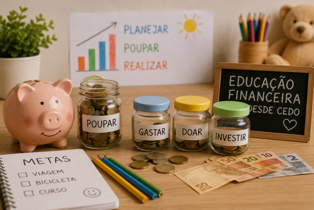 Educação financeira infantil com moedas, cofrinho e materiais educativos sobre dinheiro
